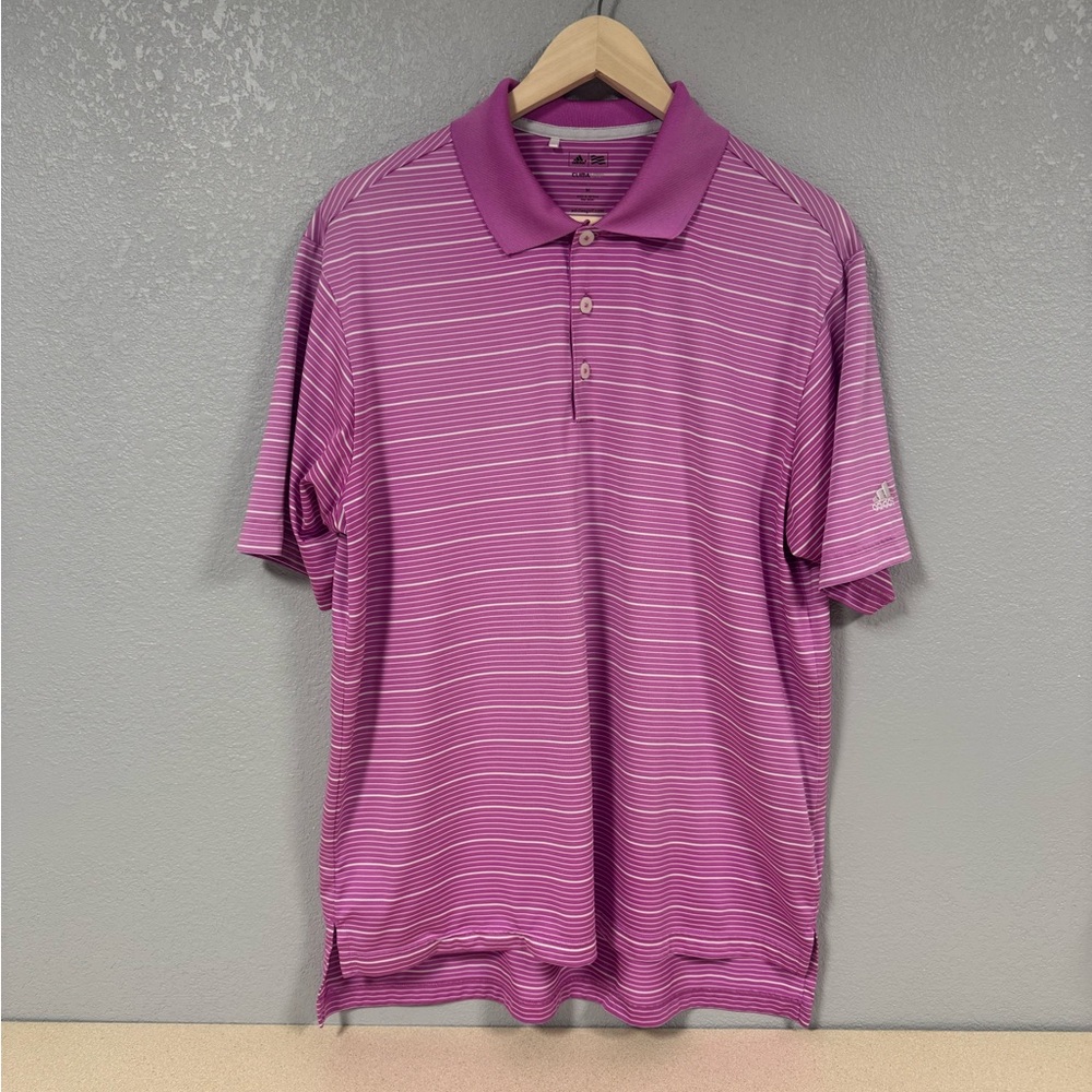 Adidas Polo Shirt Men Medium Adult Pink White Striped Climalite Athletic Golf